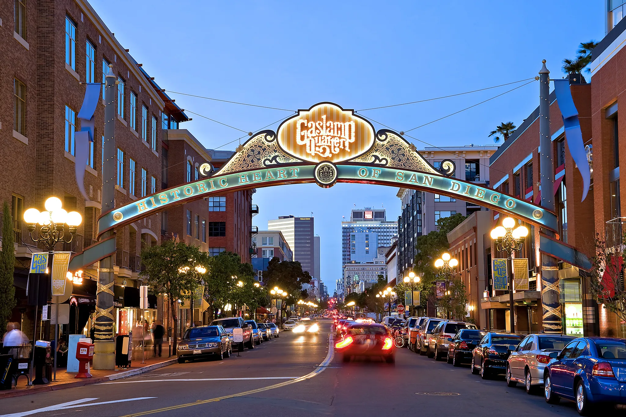 Gaslamp Quarter entrance illuminated at night