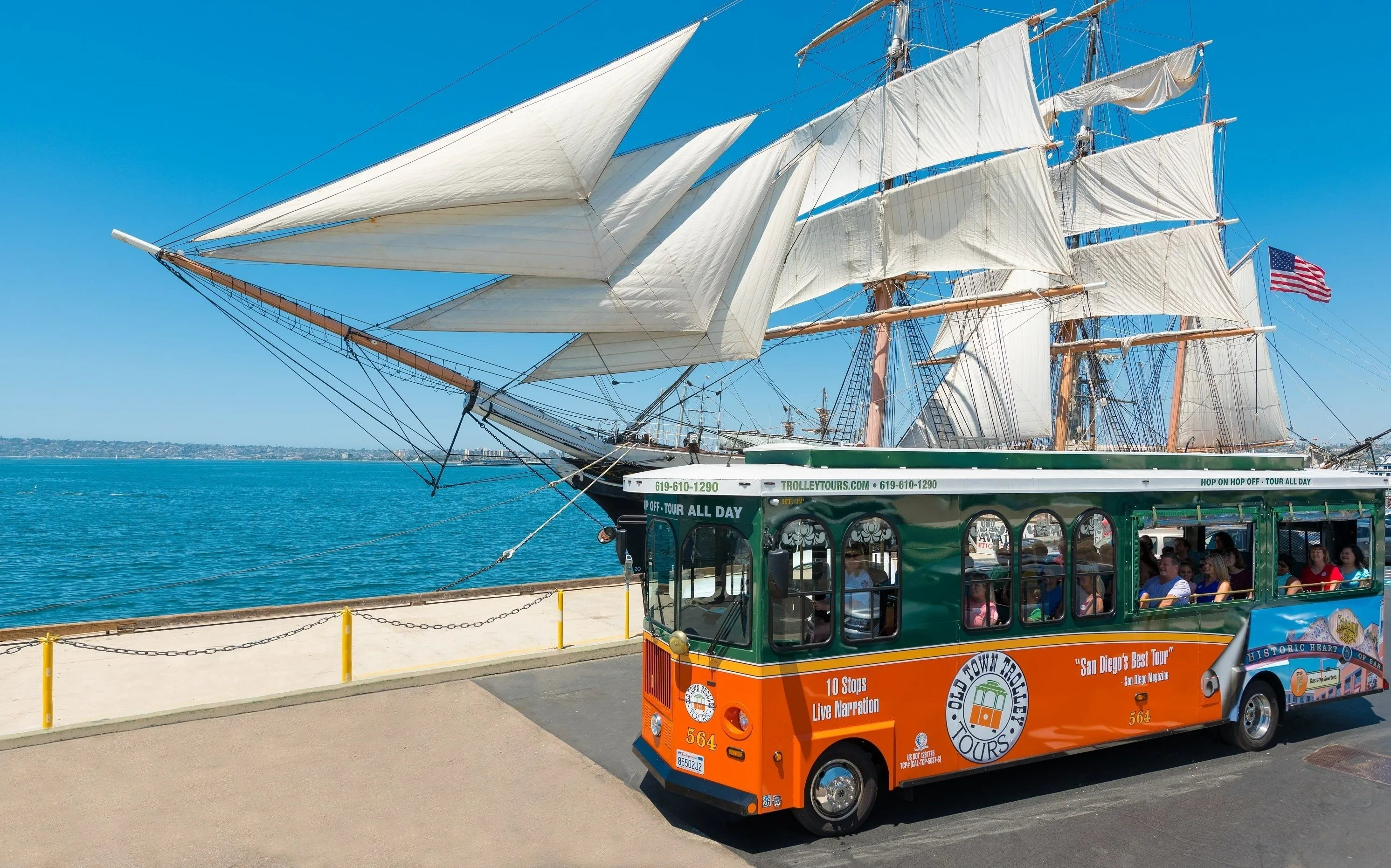 San Diego sightseeing trolley with sea view