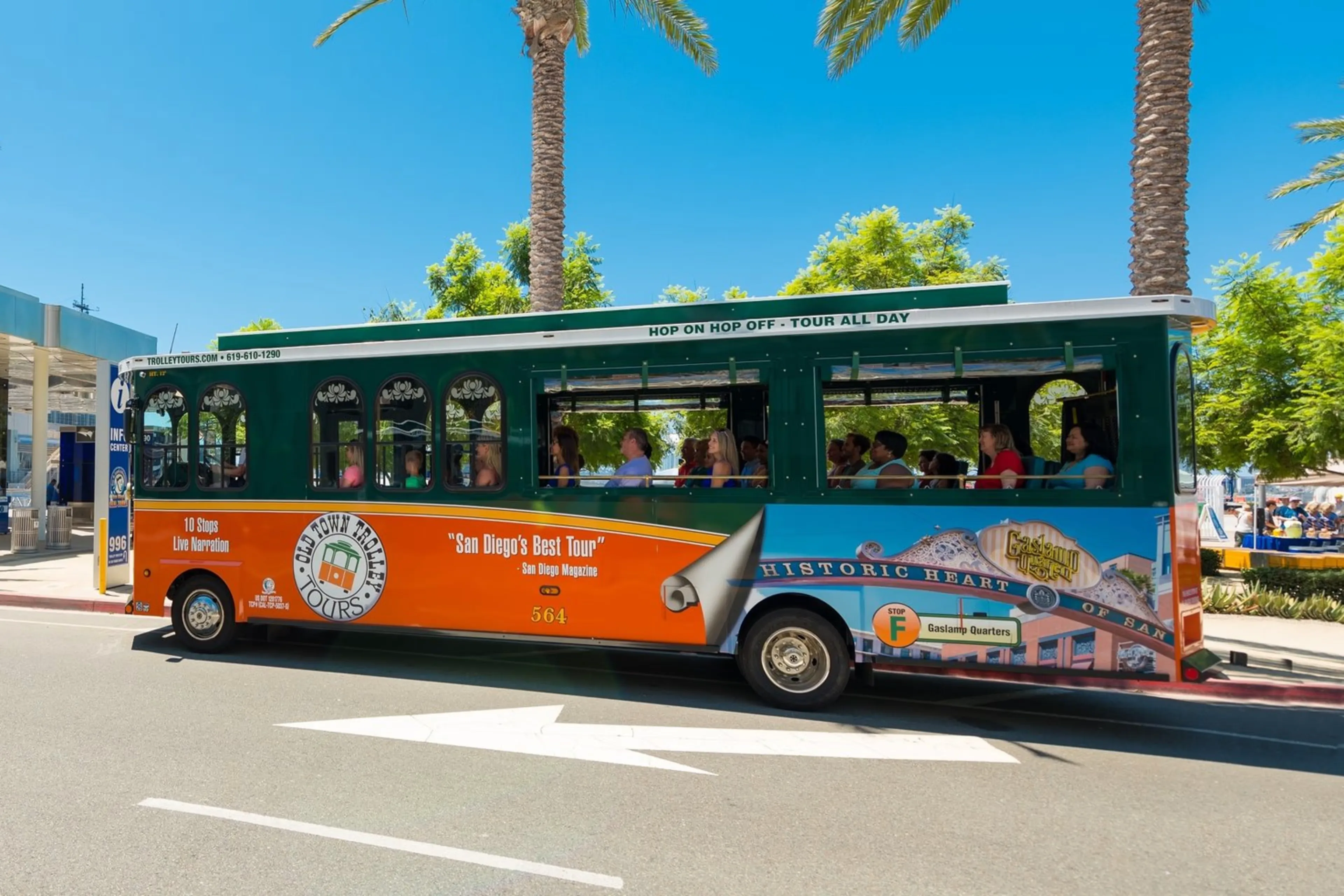San Diego hop-on hop-off trolley at a stop