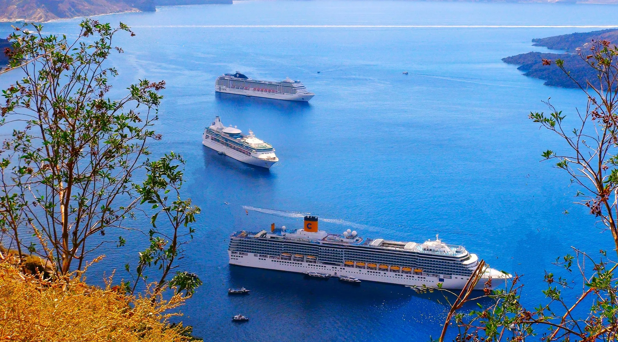 Cruise ships in Santorini caldera bay