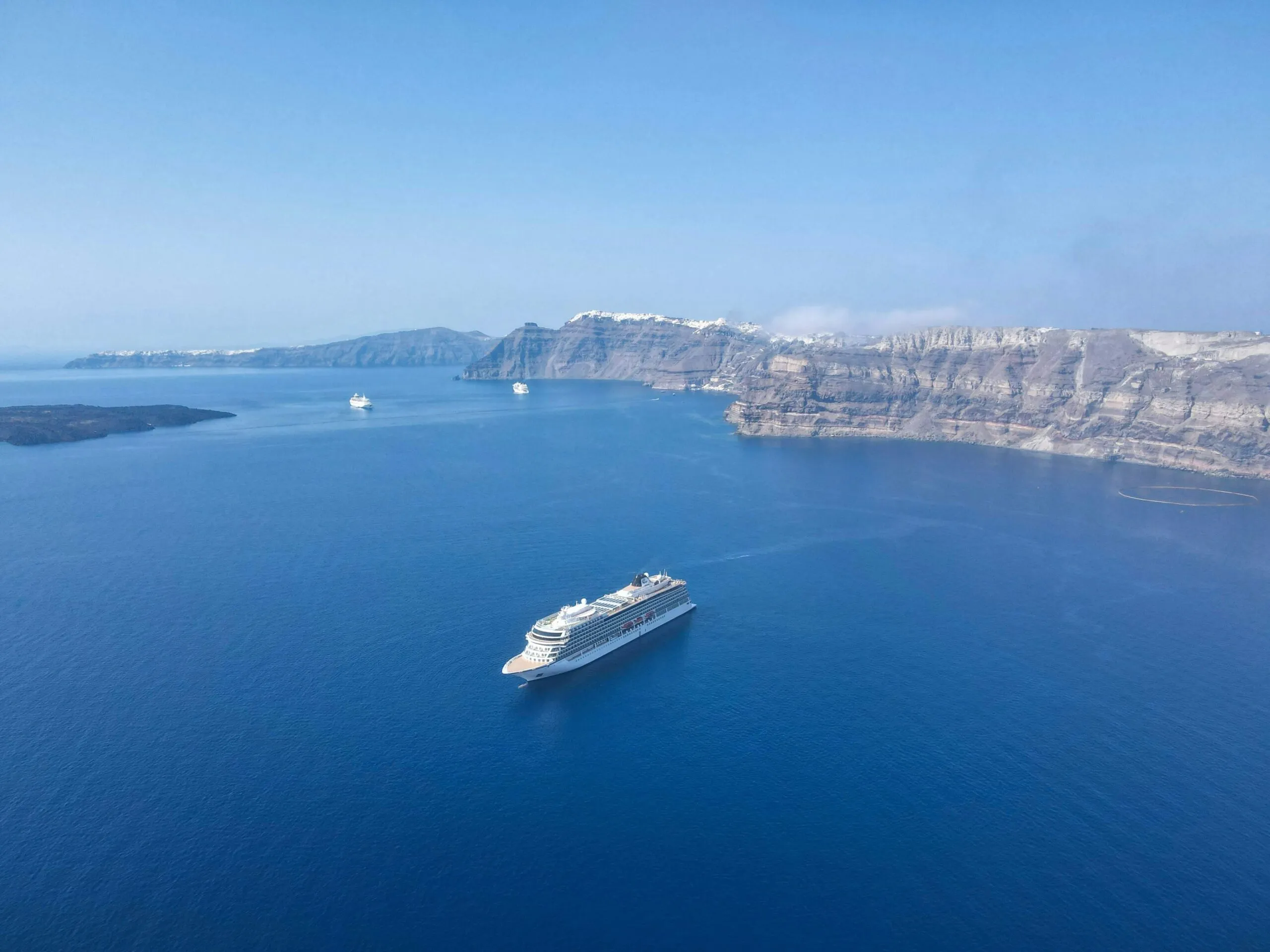 Aerial view of a Santorini cruise ship