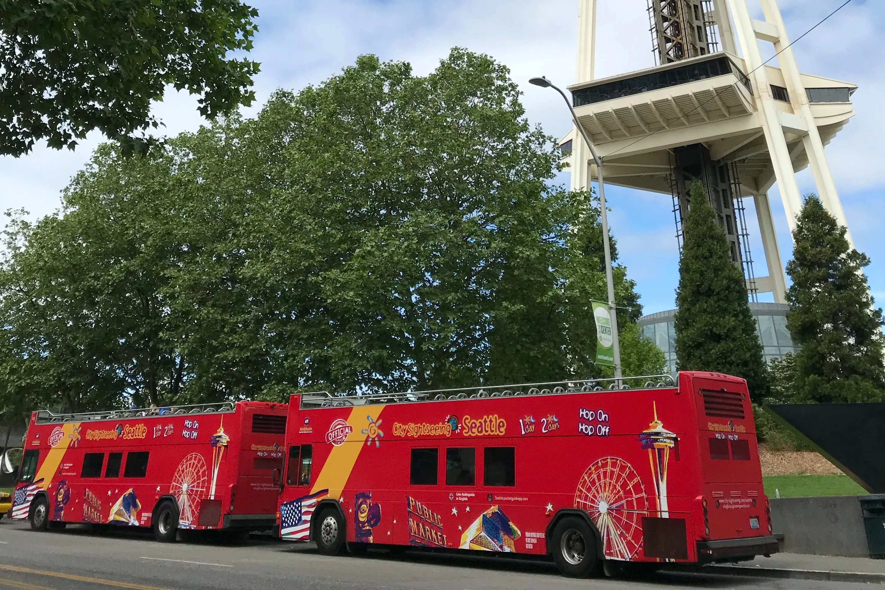 Sightseeing bus at a city stop