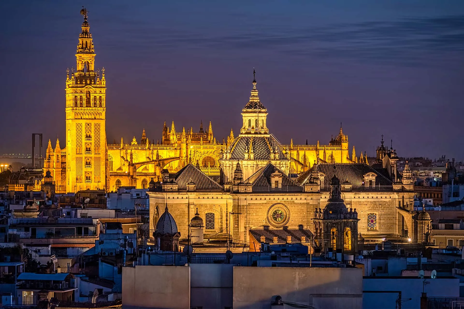 Seville Cathedral illuminated at night
