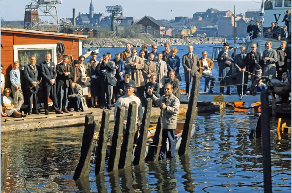 Historic moment when Vasa emerges from Stockholm waters in 1961