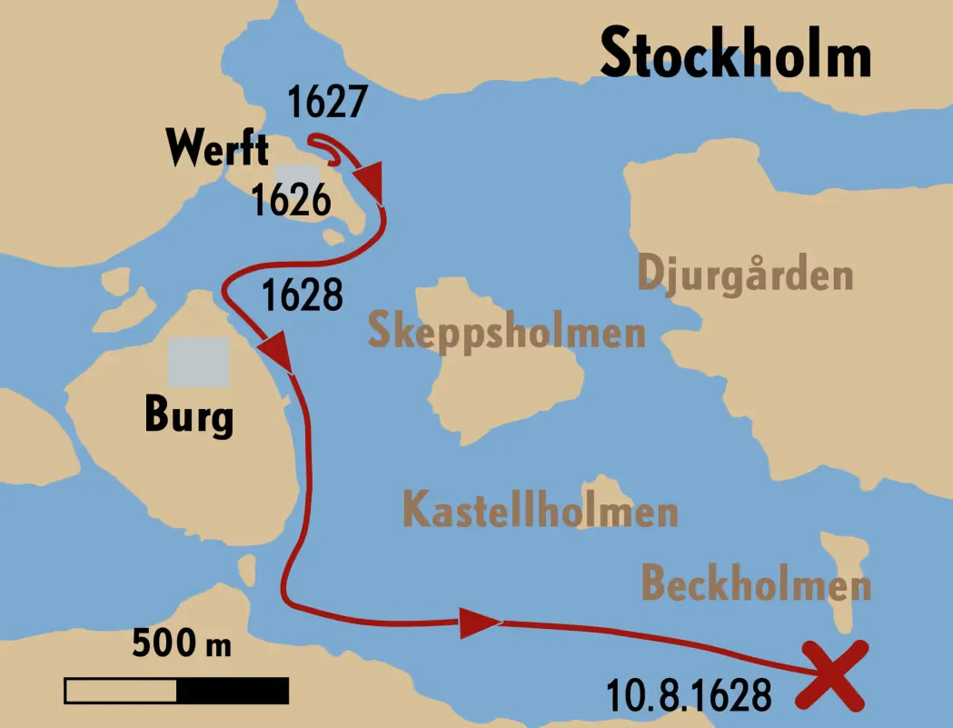 Map of the short route of Vasa's maiden voyage in Stockholm harbor