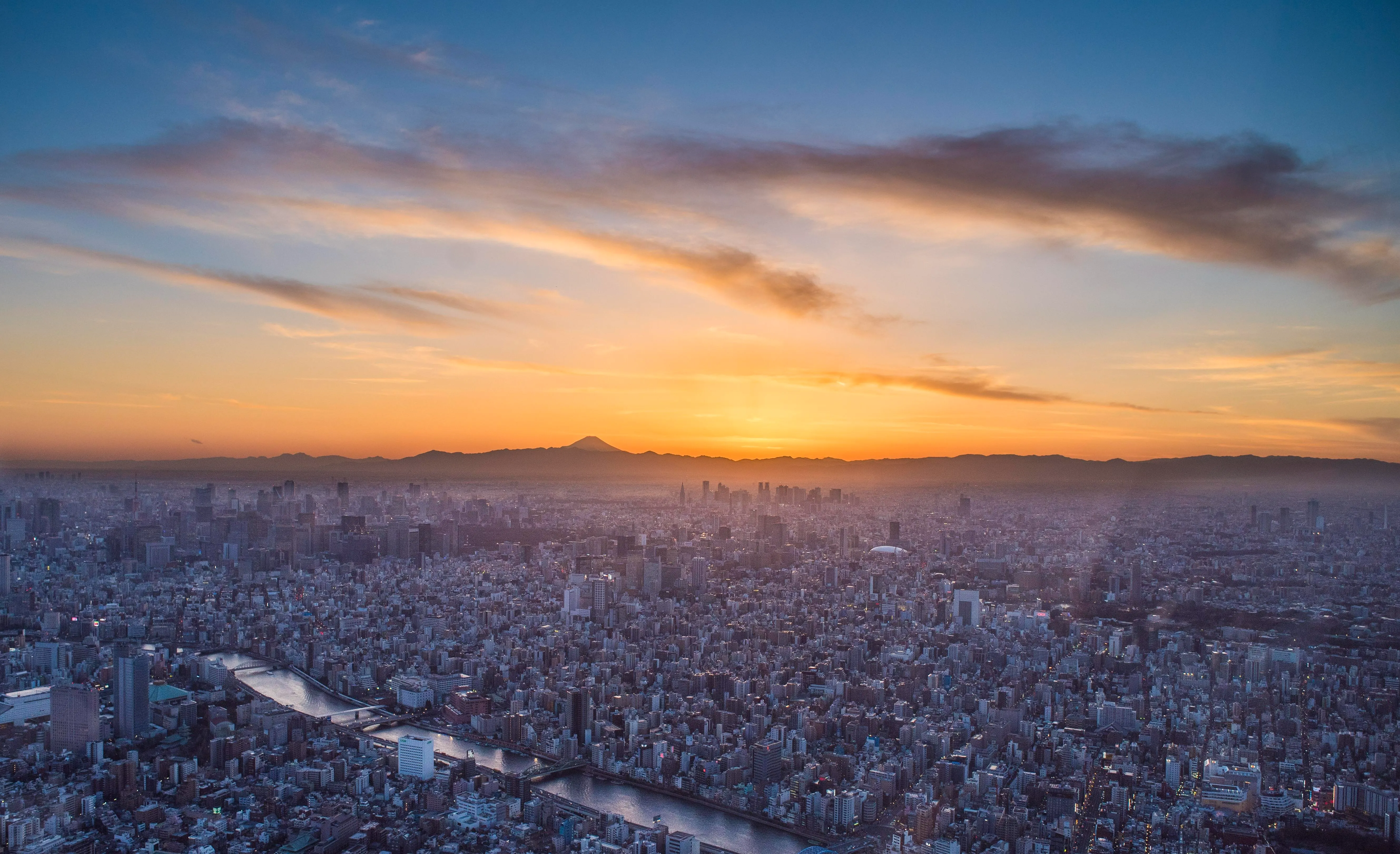 Mount Fuji at sunset as seen from Tokyo Skytree