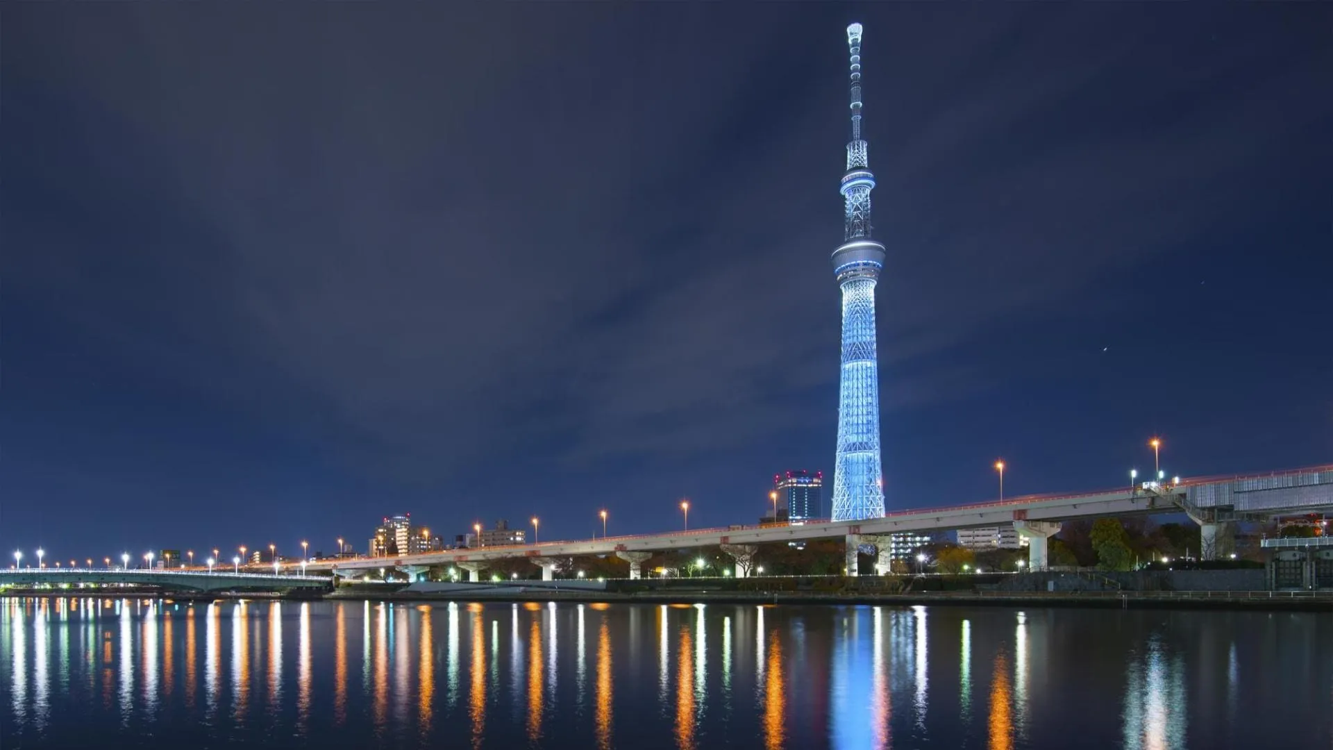 Illuminated Tokyo Skytree and Tokyo skyline at night
