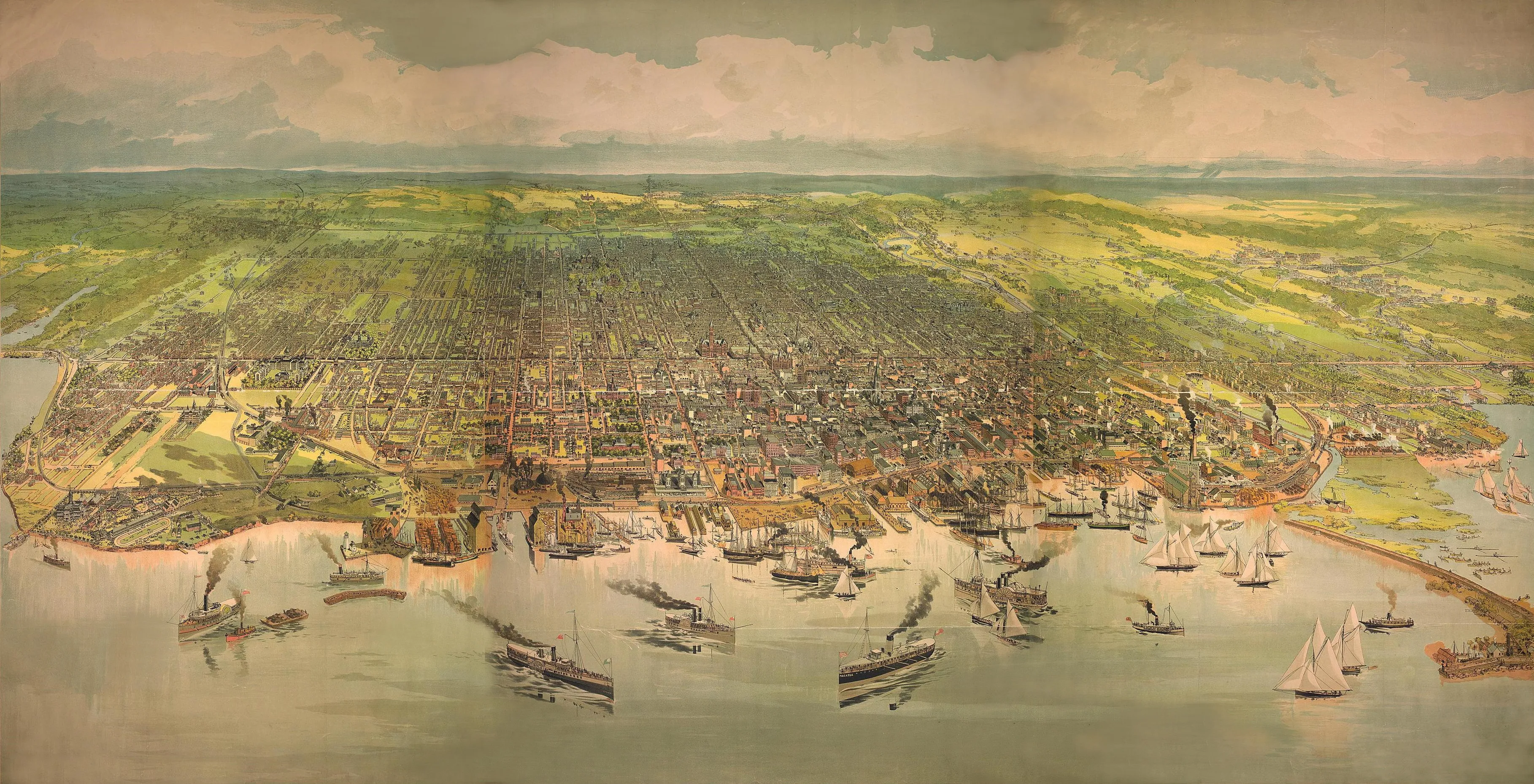 Chromolithograph city view of Toronto from 1883