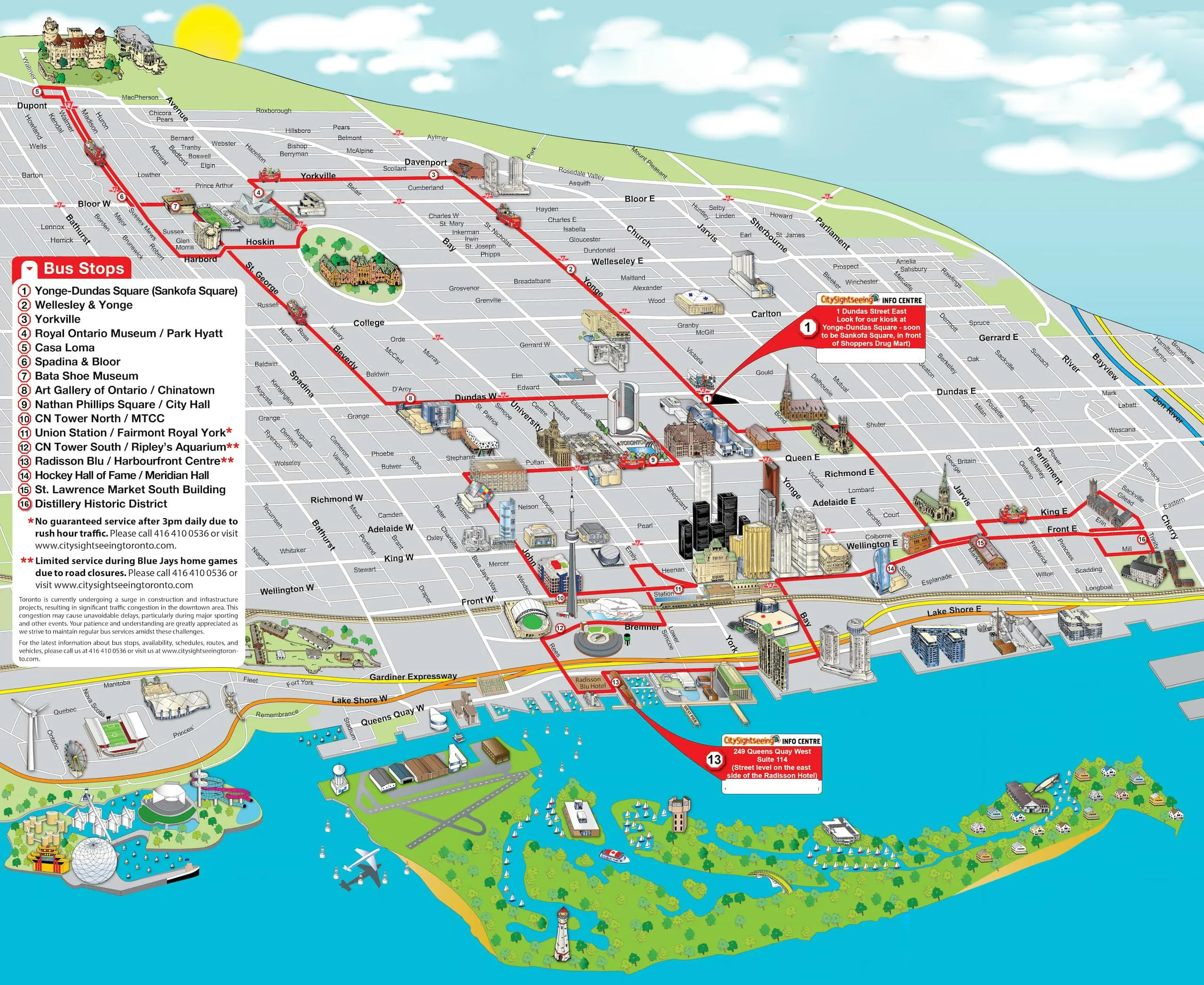 Map of Toronto hop-on hop-off sightseeing bus stops and route loop