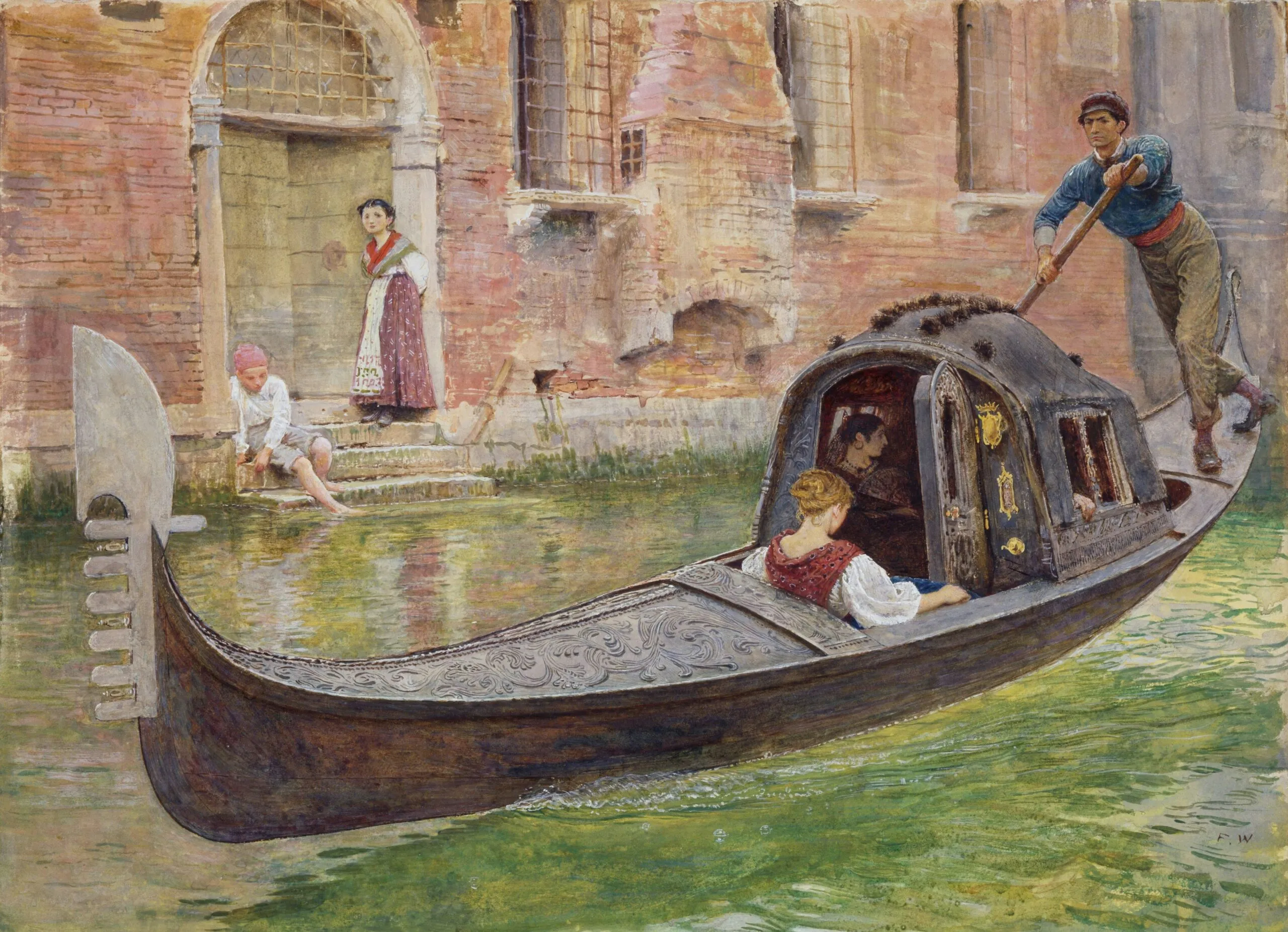 Historic painting of a roofed gondola (felze) on a Venetian canal