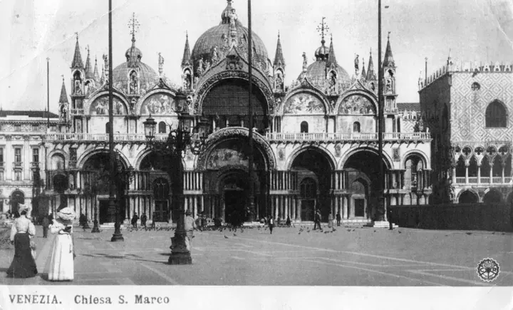 The ornate facade of St. Mark’s Basilica in Venice