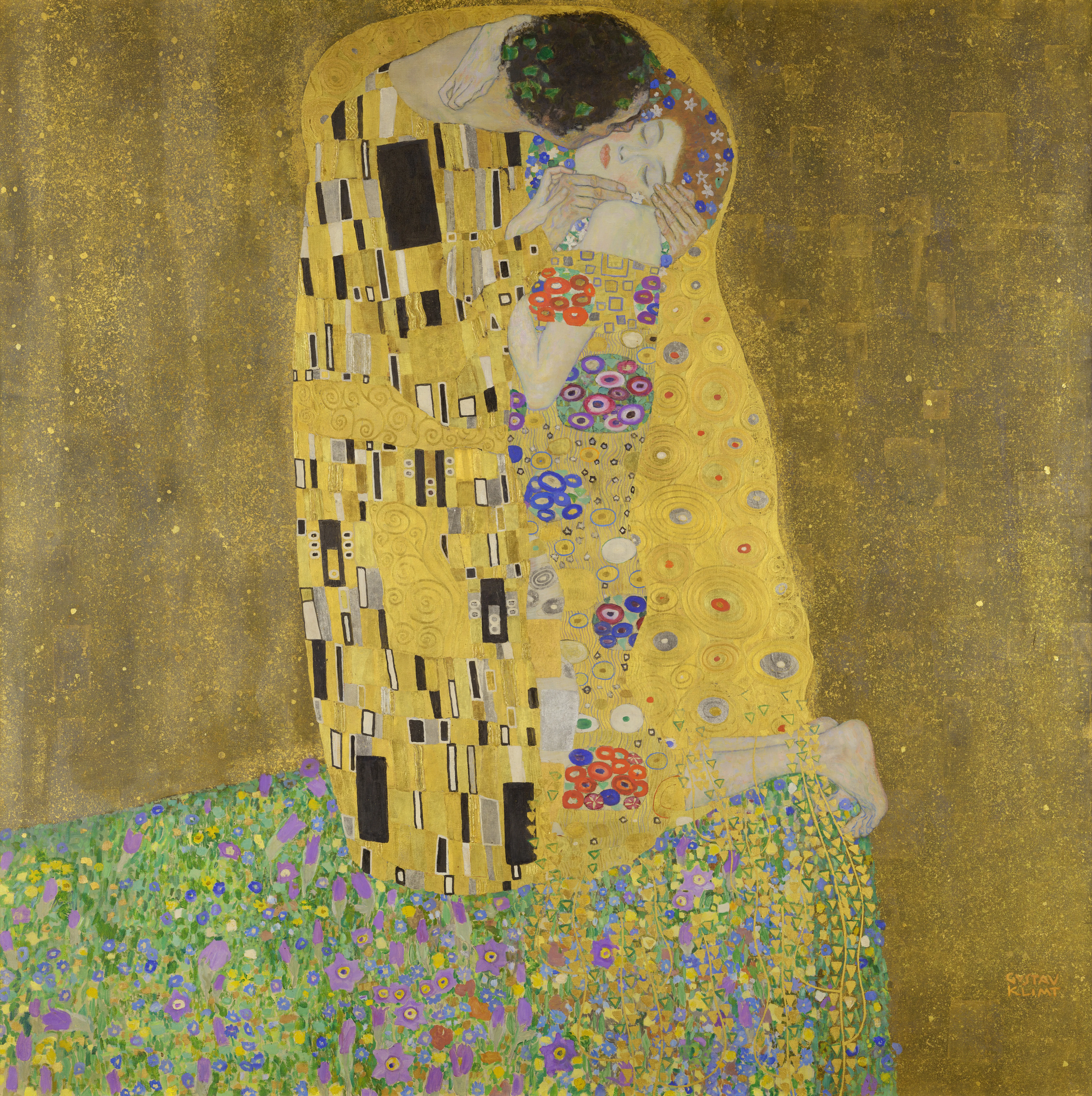 Detail of Gustav Klimt's The Kiss with gold mosaics