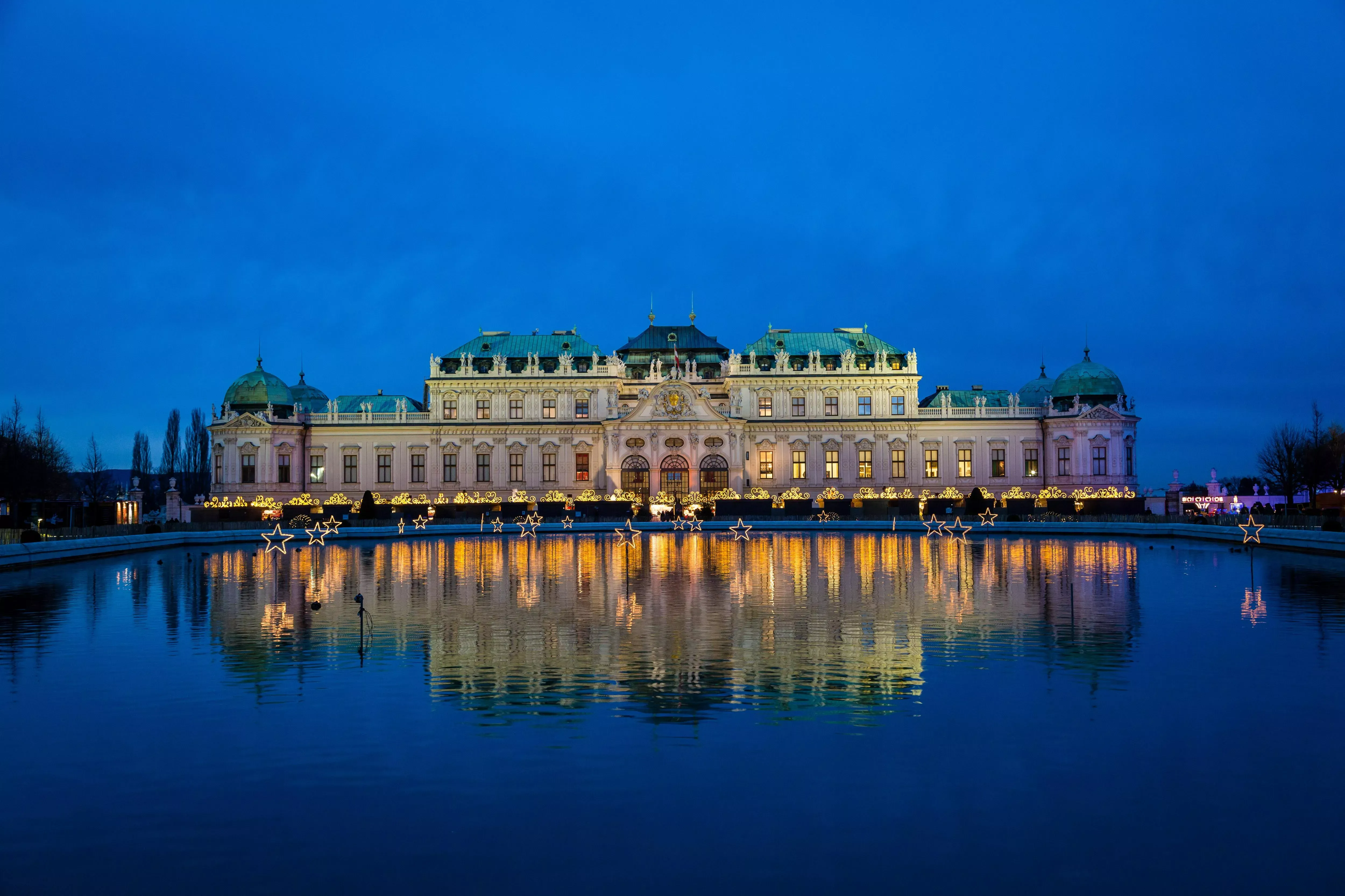 Belvedere Palace at night by the pond