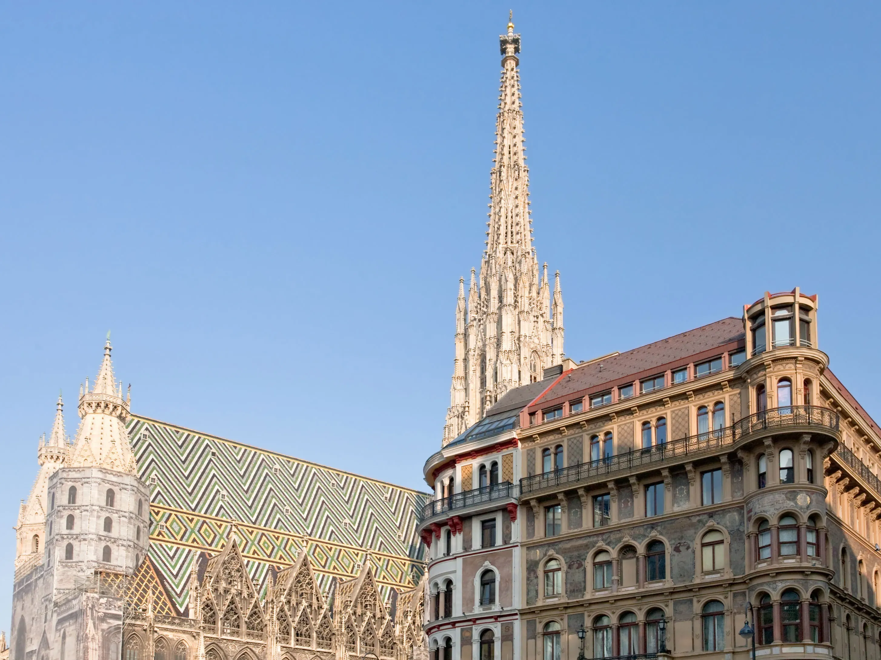 View up toward the Gothic South Tower of St. Stephen's Cathedral