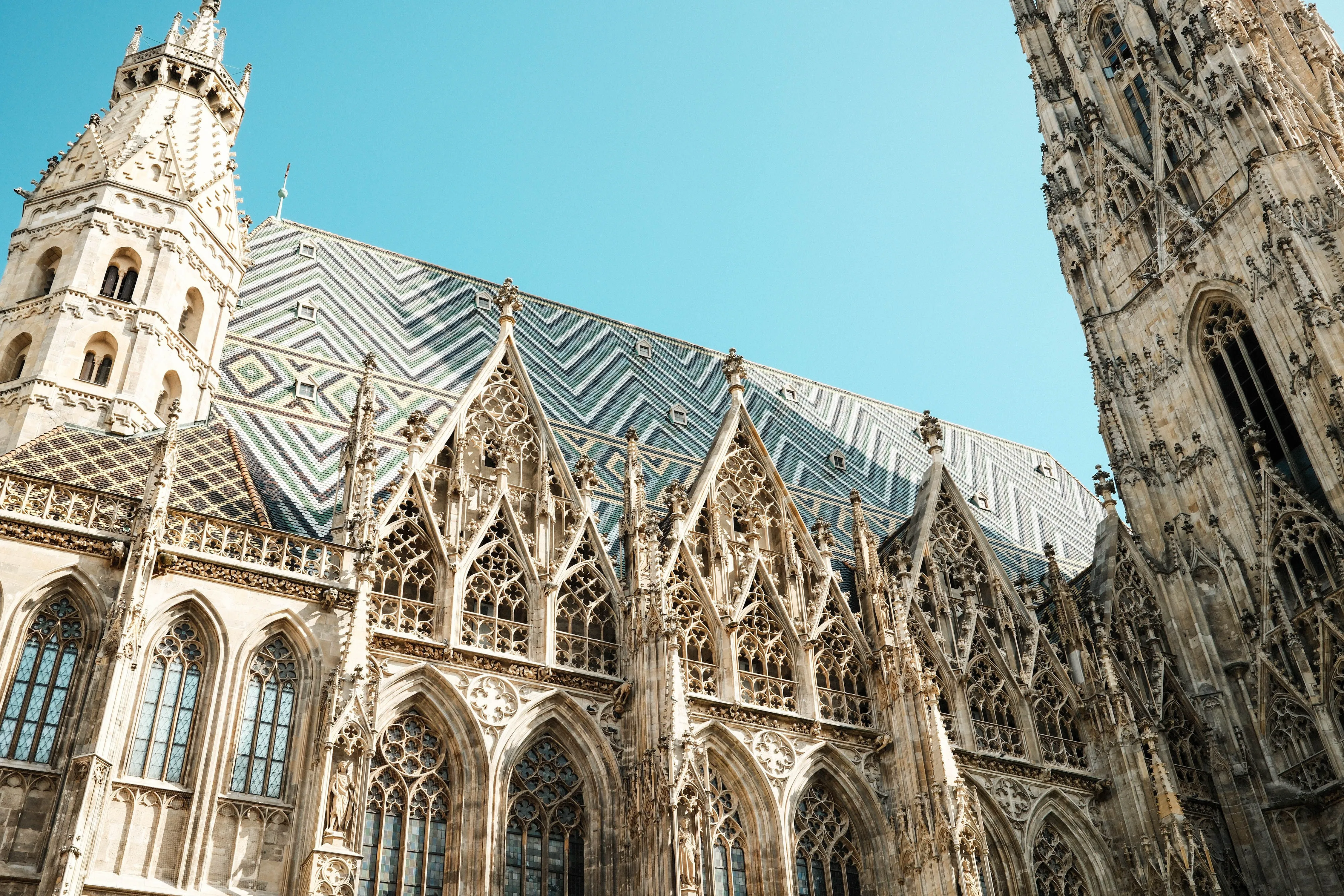 Front view of St. Stephen's Cathedral rising over Stephansplatz in Vienna