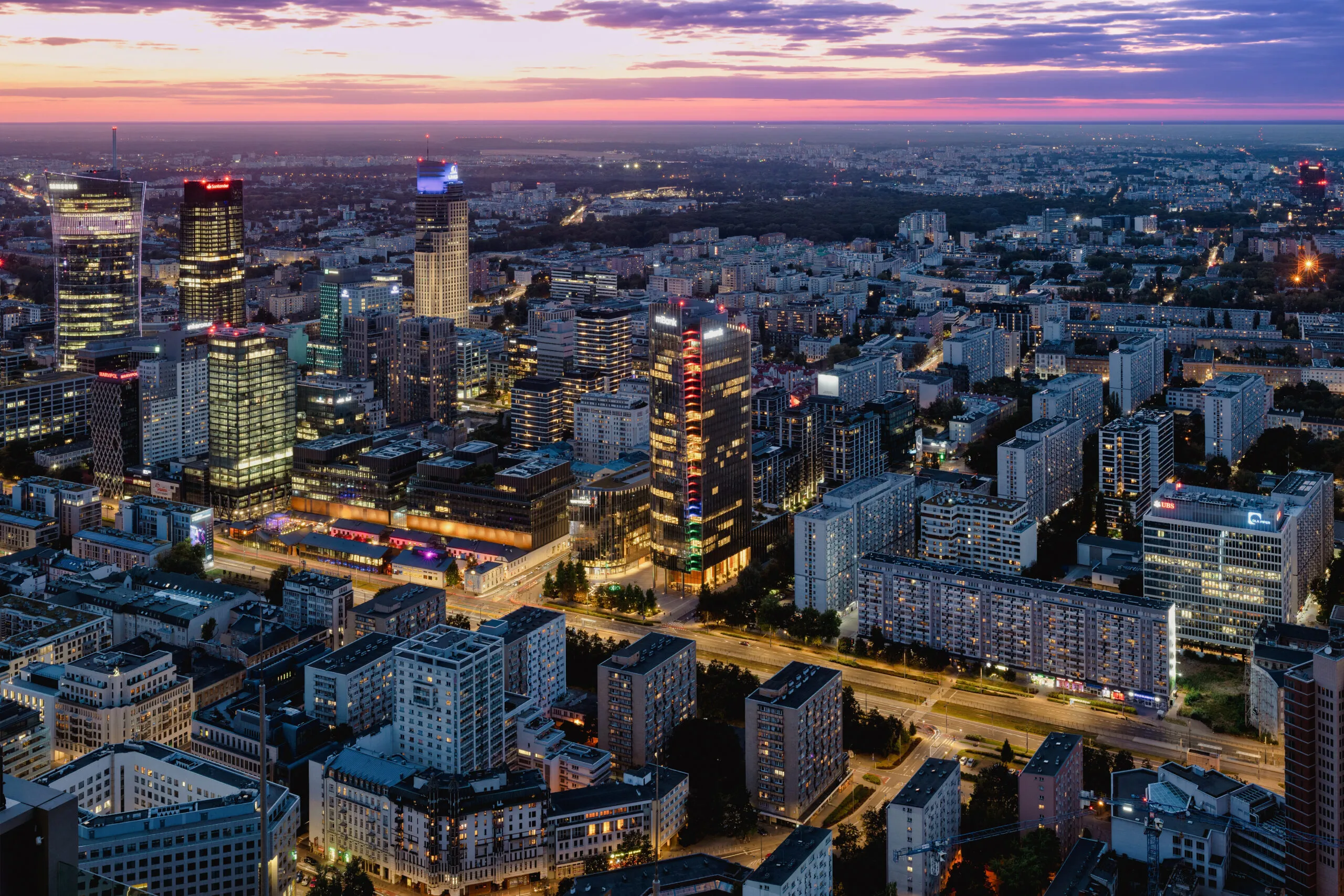 Warsaw skyline landscape at sunset