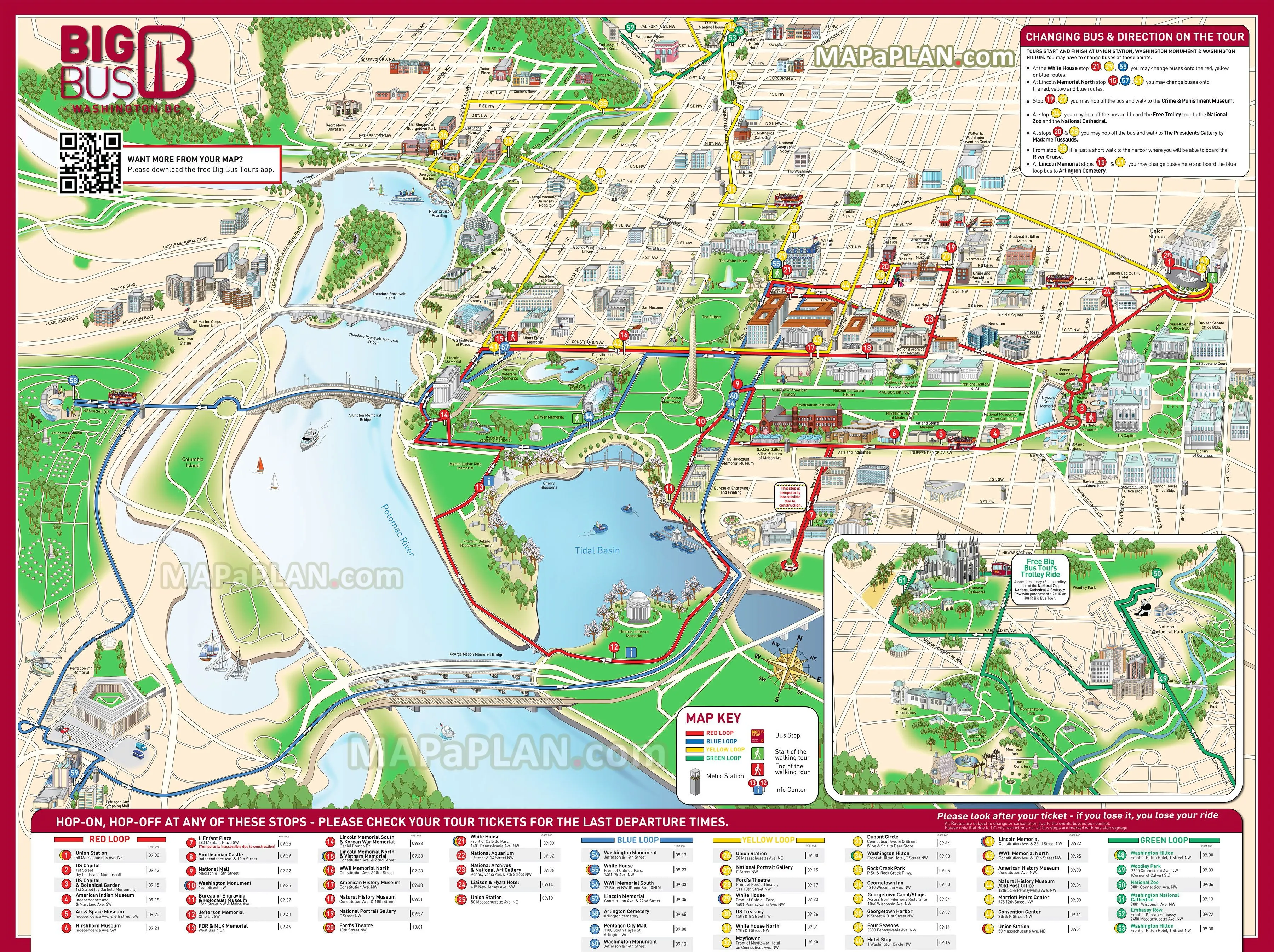 Route map of Washington DC hop-on hop-off sightseeing paths
